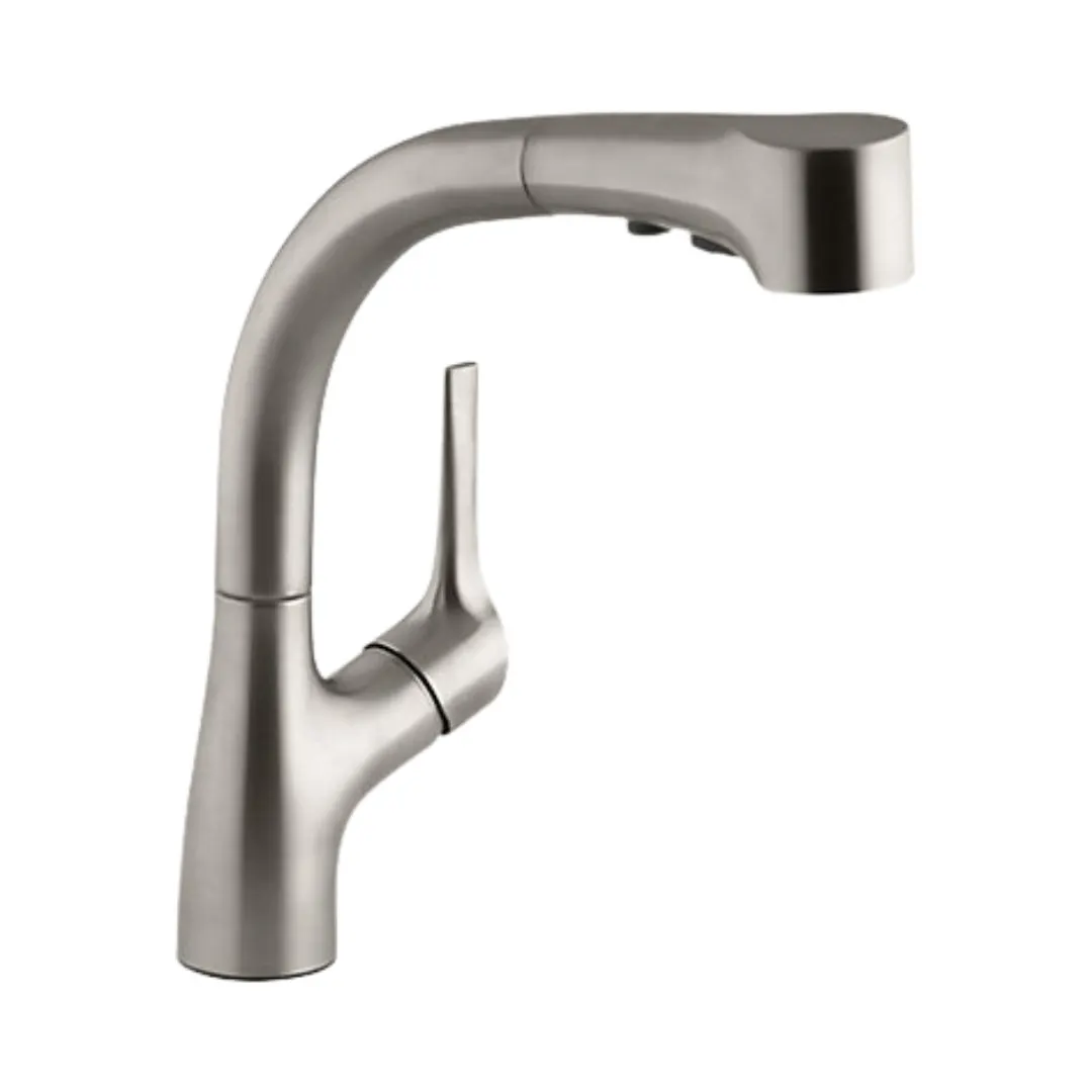 Kohler table mounted pull-down kitchen sink mixer elate K-13963T-C4-VS with extractable hand shower spout in vibrant stainless finish