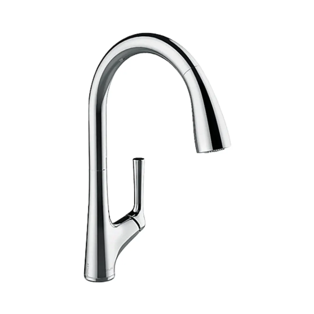 Kohler table mounted pull-down kitchen sink mixer malleco K-77748IN-4-CP with extractable hand shower spout in chrome finish
